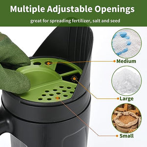PERSZEN Seed Spreader Hand Held, Hand Spreader Lawn and Garden for Fertilizer Grass Seed Salt Ice Melt Earth Food, Seed Shaker with Multiple Adjustable Opening Sizes for All Purpose, Up to 80 Oz