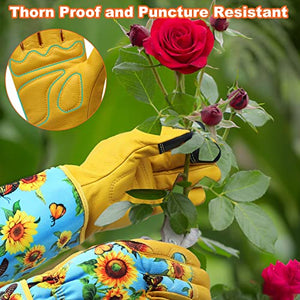 DLY Gardening Gloves for Women - Long Thorn Proof Rose Pruning Garden Gloves, Cowhide Leather Gauntlet Gardening Gifts