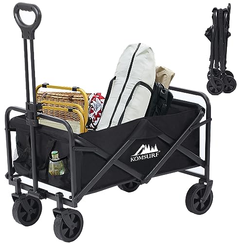 KOMSURF Foldable Utility Wagons Heavy Duty Folding Cart, 200 lbs Capacity with Side Pockets for Garden, Shopping and Beach Outdoor Use