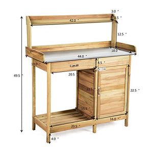 Giantex Potting Bench Table for Outside Natural Wood Garden Plant Lawn Patio Table Storage Shelf Metal Tabletop Outdoor Workstation Flower Pot Bench (Natural Fir w/Cabinet)