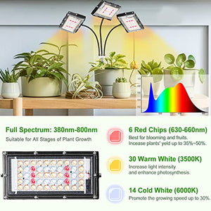 LBW Grow Light with Stand, Tri-Head LED Plant Light for Indoor Plants, Full Spectrum 150 LEDs, 3/6/12H Timer, 6 Dimmable Levels, 3 Switch Modes, Adjustable Tripod Stand 15-63 inches