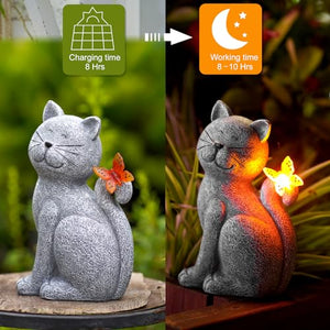 Solar Cat Outdoor Statues for Garden: Outside Decor with Butterfly Clearance for Yard Art Lawn Ornaments Porch Patio Balcony Home House - Birthday Gifts for Grandma Mom Women