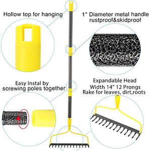 Garden Rake Metal, 12 Prongs 14" Wide Bow Rakes for Lawns Heavy Duty, Adjustable Rock Thatch Yard Rake for Leaves Gardening Loosening Soil Long Handle 32-45"