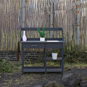 MUPATER Potting Bench Garden Table for Outdoors with Removable Stainless Sink, Planting Work Bench with Storage Shelves and Drawer, Grey