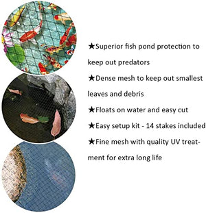 POYEE Pond Netting for Leaves - 15x20 Ft, Pool Leaf Cover Net with Small Fine Mesh - Protecting Koi Fish from Birds, Cats - Stakes Included.