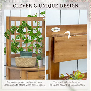 Outsunny Potting Bench Table, Garden Work Bench, Outdoor Wooden Workstation with Tiers of Shelves and Drawer for Patio, Courtyards, Balcony, Brown