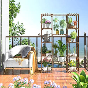 cfmour Wood Plant Stand Indoor Outdoor, 62.2" Tall Flower Shelf Tiered Plant Stands for Multiple Plants Large Planter Holder Hanging Shelves Rack for Living Room Garden Balcony