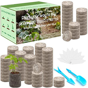 ZeeDix 100 Pcs 30mm Peat Pellets Seed Starter Soil Pods Plugs for Vegetable Seedling, Compressed Peat Nutrient Pods for Planting Easy Transplant with 100 Plant Labels & 2 Garden Tools