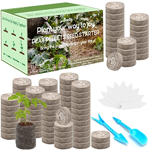 ZeeDix 100 Pcs 30mm Peat Pellets Seed Starter Soil Pods Plugs for Vegetable Seedling, Compressed Peat Nutrient Pods for Planting Easy Transplant with 100 Plant Labels & 2 Garden Tools