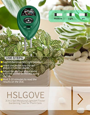 HSLGOVE Soil Moisture Meter, Meter for House Plants, 3-in-1 Ph/Lihgt/Plant Water Indoor Plants & Outdoor Gardening, Farming Care (No-Battery-Needed)