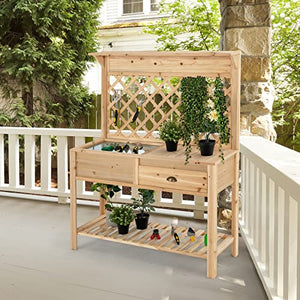 Giantex Garden Potting Bench Table, Wood Outdoor Work Station with Trellis and Shelves for Gardening Tools, Drawer, Hidden Storage Cabinet with Sliding Lid, Workstation Table, 47"x 16.5" x 60"