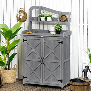 Outsunny Outdoor Potting Bench Table & Garden Storage Cabinet, Multi-Function Gardening Bench, Wooden Planting Workstation with Magnetic Doors, for Yard Tools or Pool Accessories, Gray