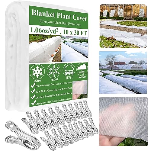 WYRJXYB Plant Covers Freeze Protection 10 x 30Ft with 20 Stainless Steel Clips- Frost Cloth Plant Blankets Floating Row Cover for Outdoor Plants Raised Bed Greenhouse Winter Frost Sun Shade Protection