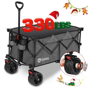 Sekey Collapsible Foldable Wagon with 330lbs Weight Capacity, Heavy Duty Folding Utility Garden Cart with Big All-Terrain Beach Wheels & Drink Holders. Grey