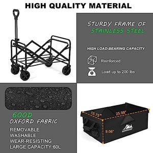 KOMSURF Foldable Utility Wagons Heavy Duty Folding Cart, 200 lbs Capacity with Side Pockets for Garden, Shopping and Beach Outdoor Use