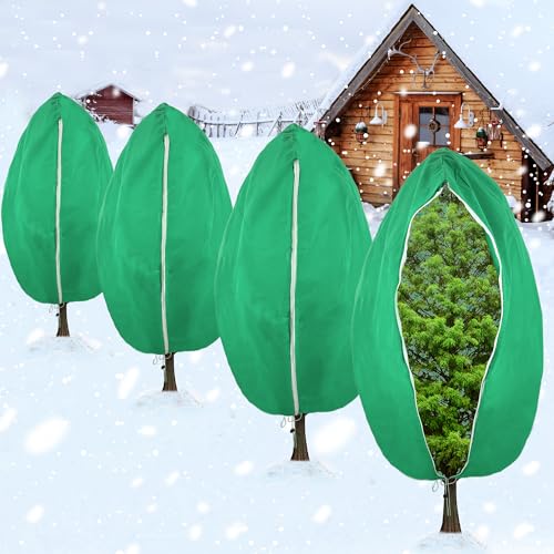 4 Pack Plant Covers Freeze Protection Winter Large Frost Cloth Blankets 2.5oz Thicker Plant Protectors Bag Covers for Outdoor Plants with Zipper Drawstring from Cold Frost Wind Pest, 39.4" x 47.2"