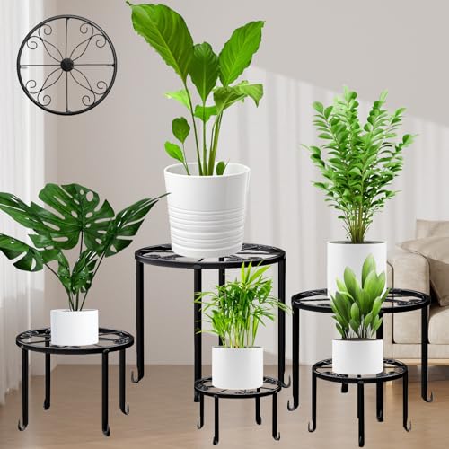 5 Pack Metal Plant Stand for Outdoor Indoor Plants, Heavy Duty Flower Pot Stands for Multiple Plant, Rustproof Iron Round Shelf for Planter, Potted Plant Holder for Garden Home (Black)
