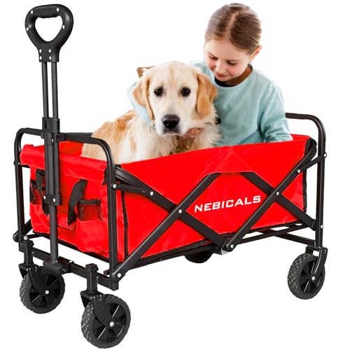 NEBICALS Small Foldable Wagon, Folding Wagon Cart with Wheels Foldable, 𝐂𝐨𝐥𝐥𝐚𝐩𝐬𝐢𝐛𝐥𝐞 𝐖𝐚𝐠𝐨𝐧 Grocery Wagon, Travel Beach Red Wagon Cart