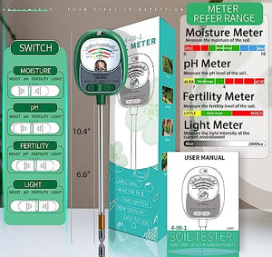 4-in-1 Soil Test Kit, Soil Moisture Meter/Soil PH Meter/Light/Fertility Soil Tester, Soil Hygrometer for Plant,Garden,Farm,Lawn Care Outdoor&Indoor Moisture Meter for House Plants (No Need Battery)