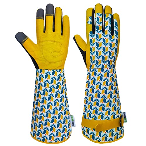 MSUPSAV Genuine Leather Garden Gloves&Gardening Gloves,Thorn Proof&Puncture Resistance Yard Work Gloves,Touchscreen Long Garden Gloves for Digging Planting Weeding,Gardening Gifts (Medium,Tuilp)