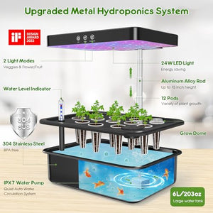 Hydroponics Growing System 12 Pods, 304 Stainless Steel Indoor Garden Kit for Herbs & Vegetables, 6L Large Tank, LED Grow Light, Auto Timer, Ideal for Family Gardening