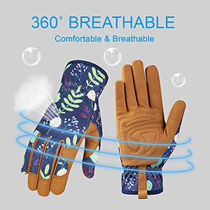 Leather Gardening Gloves for Women - Working Gloves for Weeding, Digging, Planting, Raking and Pruning (B-Blue) Medium