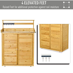 Outsunny Garden Potting Bench Table Wooden Workstation Shed with Tabletop, Hooks, 3-Tier Shelves Cabinet and 2 Magnetic Close Doors