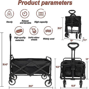 iHomey Collapsible Folding Outdoor Utility Wagon, Beach Wagon Cart with All Terrain Wheels & Drink Holders, Portable Sports Wagon for Camping, Shopping, Garden and Beach (Black/1 Year Warrant)