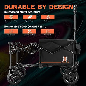 Navatiee Collapsible Folding Wagon, Wagon Cart Heavy Duty Foldable with Two Drink Holders, Utility Grocery Wagon for Camping Shopping Sports, S2, Black