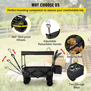 Happbuy Extra Large Collapsible Garden Cart with Removable Canopy, Folding Wagon Utility Carts with Wheels and Rear Storage, Wagon Cart for Garden, Camping, Grocery Cart, Shopping Cart, Black