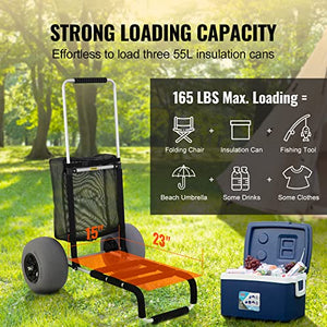 VEVOR Beach Carts for Sand, 23" x 15" Cargo Deck, w/ 12" TPU Balloon Wheels, 165LBS Loading Folding Sand Cart & 33.1" to 51.6" Adjustable Height, Aviation Aluminum Cart for Picnic, Fishing, Beach
