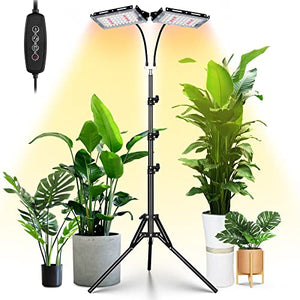 LORDEM Grow Light with Stand, Full Spectrum LED Plant Light for Indoor Plants, 200W Dual Heads Grow Lamp with Auto On/Off Timer, 3 Lighting Modes, 6 Dimmable Levels, Adjustable Tripod 15-63 inches