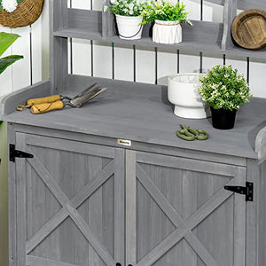Outsunny Outdoor Potting Bench Table & Garden Storage Cabinet, Multi-Function Gardening Bench, Wooden Planting Workstation with Magnetic Doors, for Yard Tools or Pool Accessories, Gray