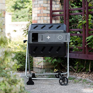 FCMP Outdoor IM4000-WK 37 Gallon Plastic Dual Chamber Tumbling Composter Outdoor Elevated Rotating Garden Compost Bin with Wheels, Black/Black