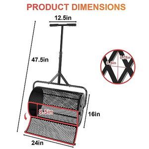 Maylaviu peat Moss Spreader 24 Inch Compost Spreader Fertilizer spreaders Roller with Upgrade T Shaped Handle,Easy to Assemble top Soil Spreader for Lawn and Garden Care Manure Spreaders Roller