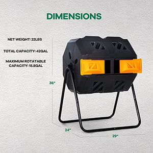 Compost Bin,Outdoor Compost Tumbler 42 Gallon Composter BPA Free Dual Chamber Composting Rotating for Garden Yard Orange