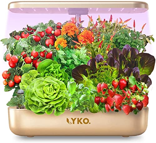 Hydroponics Growing System 12 Pods,LYKO Indoor Garden w/Full-Spectrum 36W Grow Light,Indoor Herb Garden Automatic Timer,Height Adjustable 3.5L Water Tank, Gifts for Men Women (Gold)