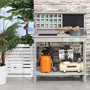 Outsunny Outdoor Wooden Potting Bench Table with Removable Sink, Garden Work Station with Chalkboard, Drawer, Open Shelf Storage, Light Gray