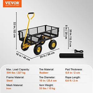 VEVOR Steel Garden Cart, Heavy Duty 500 lbs Capacity, with Removable Mesh Sides to Convert into Flatbed, Utility Metal Wagon with 180° Rotating Handle and 10 in Tires, Perfect for Farm, Yard