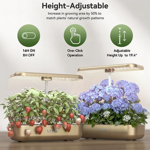 Hydroponics Growing System, LYKO 12 Pods Indoor Garden with LED Grow Lights, Plants Germination Kit, Height Adjustable 3.5L Water Tank, Herb Garden Kit Indoor for Home Kitchen - Gold