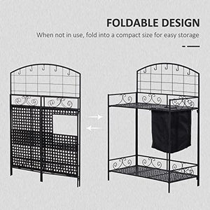 Outsunny Folding Potting Bench Table, Metal Garden Workstation, Work Bench with Large Build-in Bag with Cover, 5 Hanging Hooks & Storage Shelf