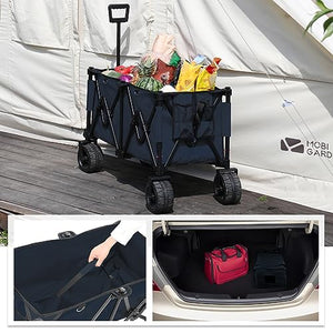 Collapsible Wagon Cart Heavy Duty 440lbs 240L Large All-Terrain Wheels Folding Camping Beach Garden Utility Cart Adjustable Handle for Outdoor Sports with 3 Side Pockets, 2 Storage Cloth Bags (Blue)