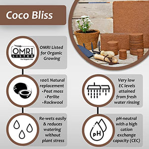 Coco Bliss Coir - Compressed Coco Bricks with Low EC and pH Balance - High Expansion Coco Fiber for Herbs, Flowers, Planting - OMRI Listed Renewable Coconut Soil (650 Grams, 5 Bricks)