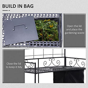 Outsunny Folding Potting Bench Table, Metal Garden Workstation, Work Bench with Large Build-in Bag with Cover, 5 Hanging Hooks & Storage Shelf