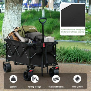 Moon Lence Collapsible Folding Wagon Cart Heavy Duty Folding Garden Portable Hand Cart with All-Terrain Beach Wheels, Adjustable Handle & Drink Holders (Black)