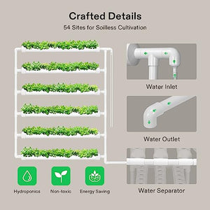 VIVOSUN Hydroponic Grow Kit, 54 Plant Sites 6 Food-Grade PVC-U Pipes Hydroponics Planting System with Water Pump, Pump Timer, Nest Basket and Sponge for Leafy Vegetable