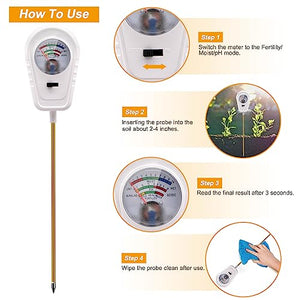 Soil Test Kit 3-in-1, Soil Moisture Meter, Fertility Soil Tester, Soil PH Meter, Soil Tester for Garden, Lawn, Farm, Indoor & Outdoor Use (No Battery Required)