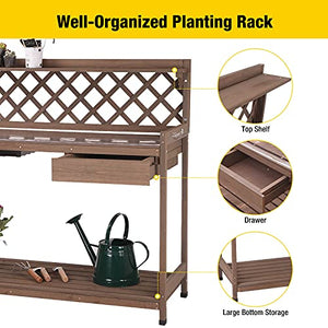 Aivituvin Potting Bench with PVC Layer, Outdoor Gardening Work Bench with Sink & Lid, Wooden Planting Table for Outside with Storage, Drawer, Shelf, Hook