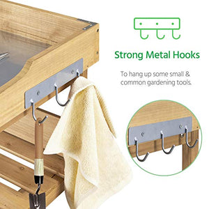 Yaheetech Outdoor Garden Potting Bench Table Wooden Horticulture Planting Worstation w/Metal Tabletop/Storage Shelf/3 Hooks, Natural Wood