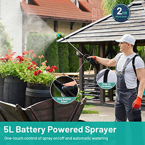 Battery Powered Garden Sprayer with 3 Mist Nozzles, 1.35 Gal Lawn Water Sprayer with USB Rechargeable Handle and Telescopic Wand, Portable Electric Sprayer with Shoulder Strap for Gardening, Cleaning